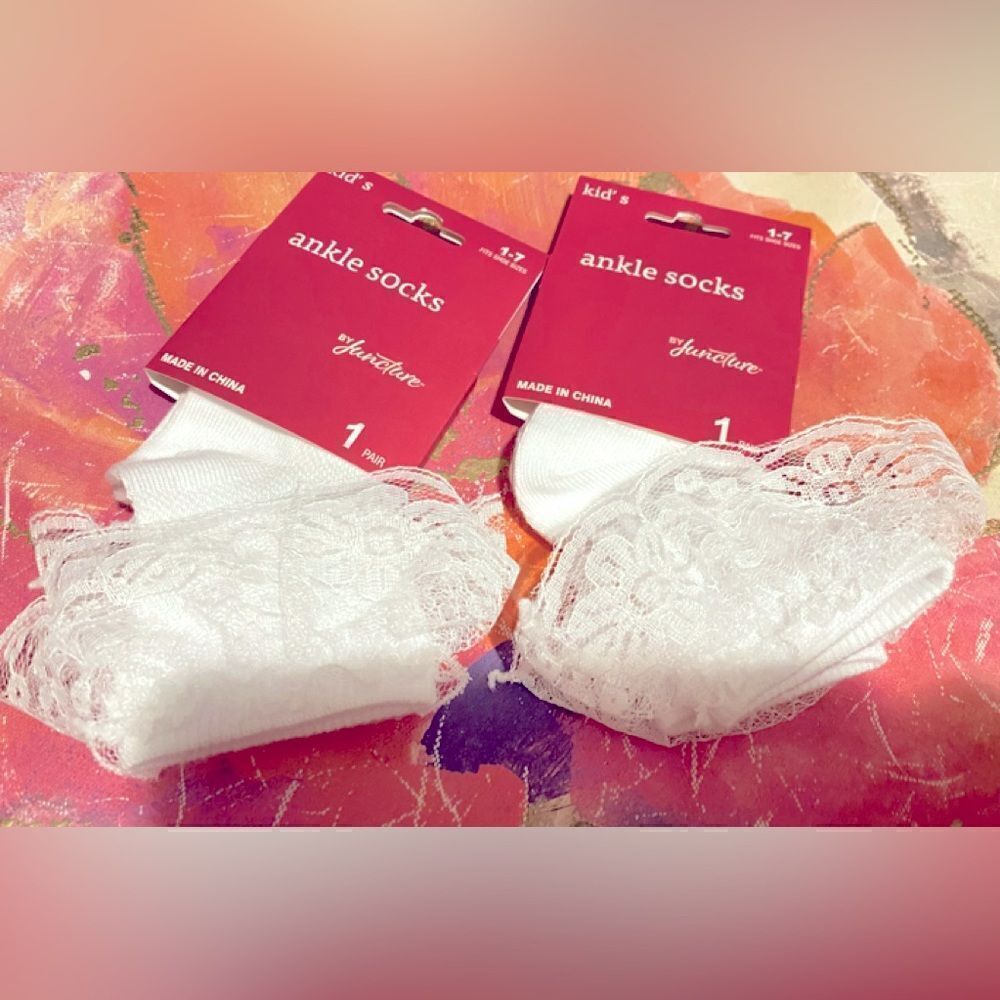 🛍️Juncture Girls  Set Of 2  Super Cute Ankle white Socks W/lace Size 1-7🌸